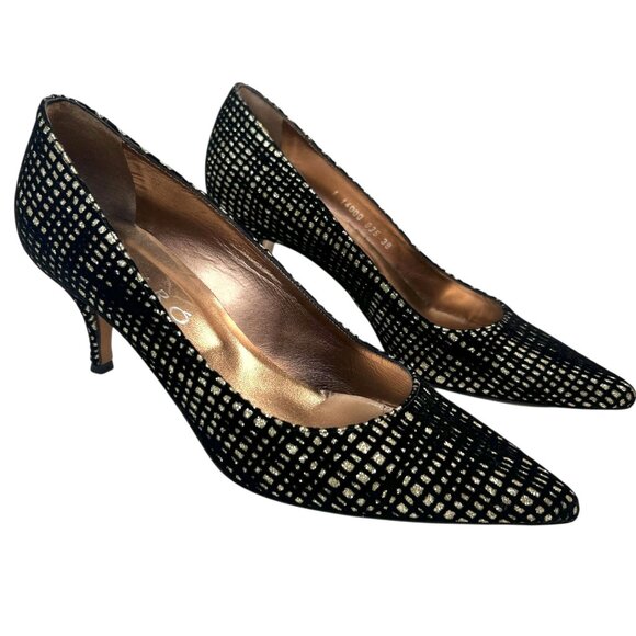 Mascaró Metallic Velvet Pumps Low Heels Pointed Toe Gold Black Evening 38 US 7.5 - Picture 2 of 13
